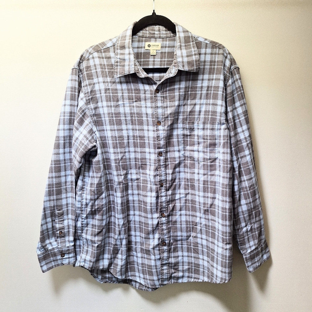 Haggar Mens Flannel Long Sleeve Button Up Shirt Baby Blue Plaid Size L